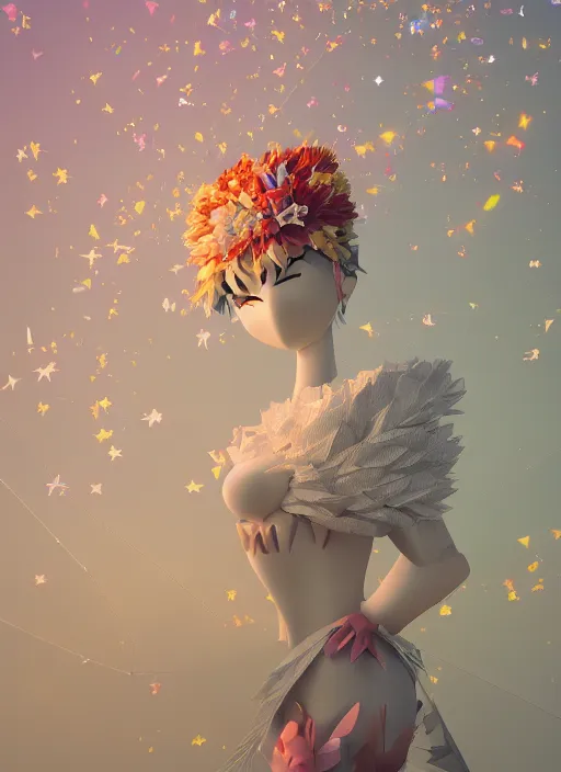 Image similar to background edge of space with puffy clouds are dusk, 🍆🌈♥ anthropomorphic paper woman wrapped in a flowing couture tissue paper, paper chrysanthemums, many origami stars, eery light, 3 d, very detailed, octane render, trending artstation, artgem