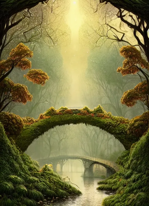 Image similar to book cover!!!!!!!!!!!!, old bridge, ivy vector elements at each border, fantasy forest landscape, fantasy magic, light night, intricate, elegant, sharp focus, illustration, highly detailed, digital painting, concept art, matte, art by wlop and artgerm and ivan shishkin and andrey shishkin, masterpiece