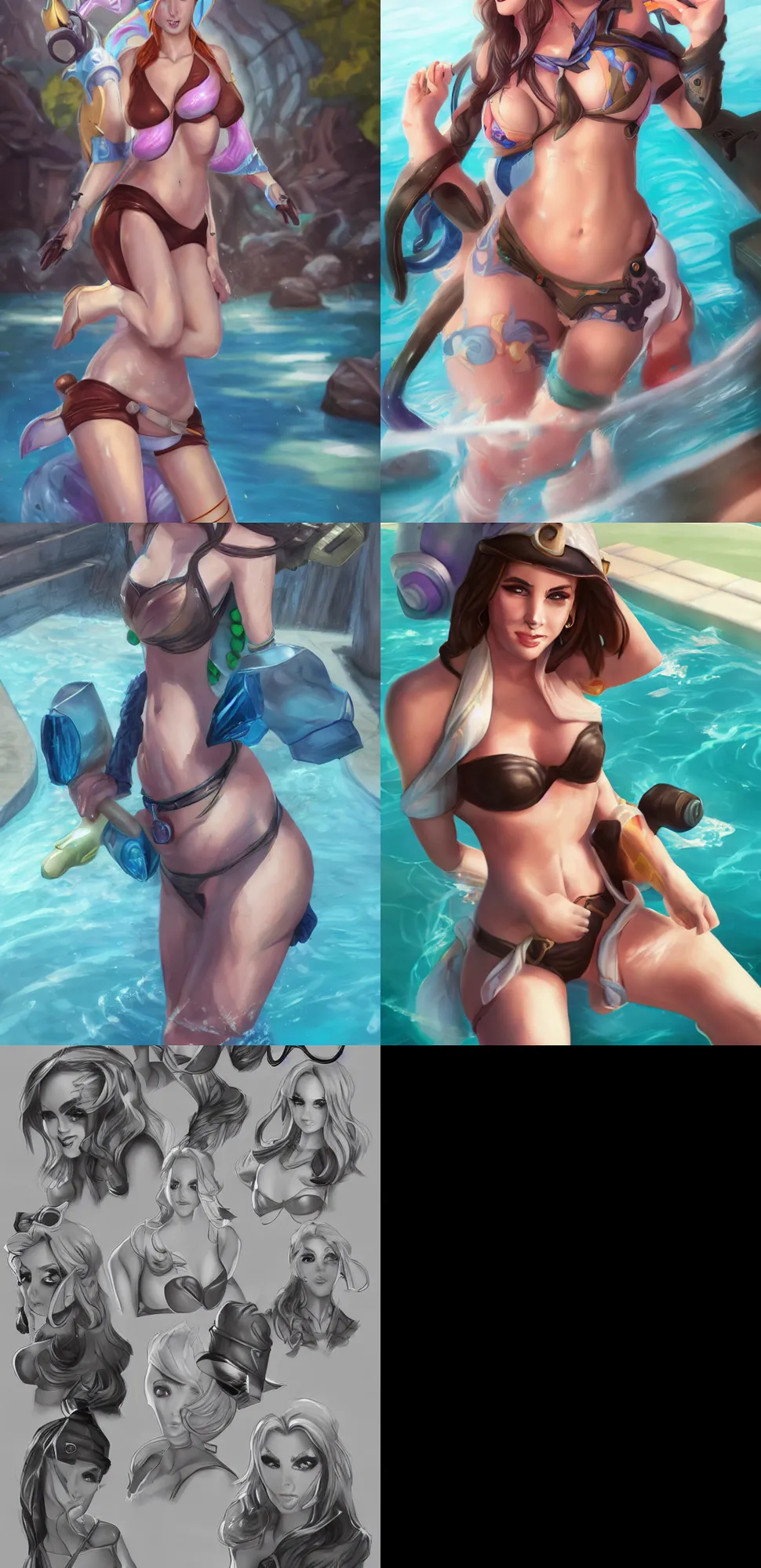 Prompt: Caitlyn Pool Party ,60mm portrait, League of Legends concept artists