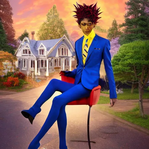 Prompt: Photograph of a beautiful androgynous actress with dark skin, messy spiked red hair, and tufted elf ears and dressed in a blue men's suit with a yellow tie, with a cottage designed by Thomas Kinkade in the background, artstation