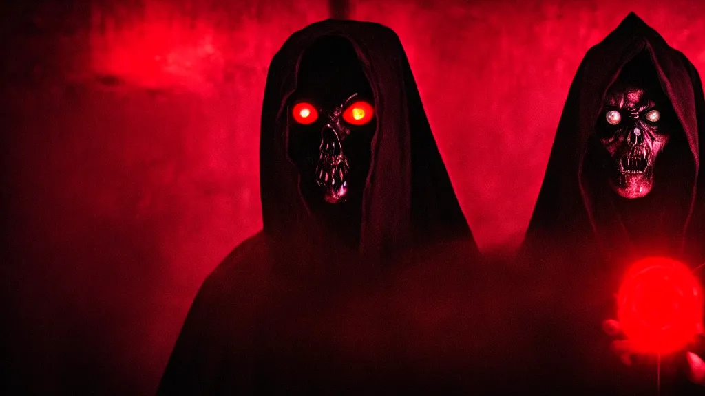 Prompt: dark lord looking into the camera, red glowing eyes, wearing black robe, scary, horror, very detailed, long shot