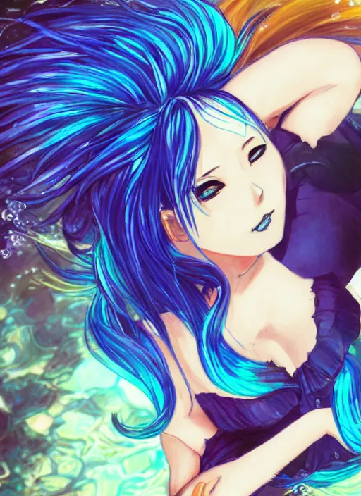 Prompt: a woman with blue hair sitting underwater, a beautiful anime drawing by yuumei, featured on pixiv, pixiv, seapunk, very anime anime!! detailed