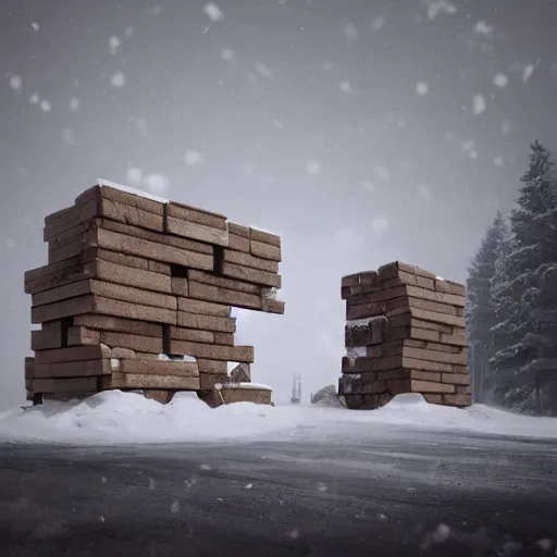 Image similar to large wooden blocks stacked ontop of each other in an arch, in the snow, an ambient occlusion render by Filip Hodas, Simon Stålenhag, digital art, cgsociety, environmental art, matte painting, ambient occlusion