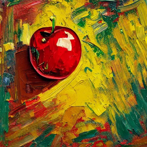 Image similar to oil paint impasto relief, large red and green shiny apple dull naples yellow background, multi layered thick brush marks, some splattered paint, in the style of ivan shishkin and frank auerbach and van gogh