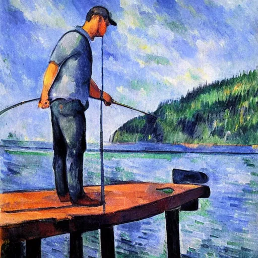 Image similar to ryan reynolds fishing from a pier in vancouver, painted by cezanne