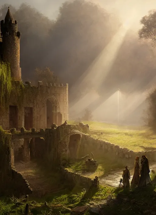 Prompt: a ruined medieval castle, mist, sunrays, dust in the air, dnd character, unreal engine, octane render, dramatic lighting, pond, digital art, by stanley artgerm lau, greg rutkowski, thomas kindkade, alphonse mucha, loish, norman rockwell,
