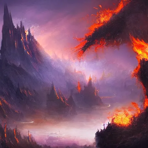 Prompt: fantasy landscape burning