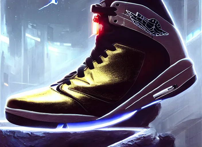 Image similar to air jordan basketball sneaker from the year 2 0 9 9, precious metals and recycled material, future techwear, cinematic digital painting, artstation, dramatic product shot, smooth, sharp focus, fantasy art by greg rutkowski, loish, rhads, ferdinand knab, makoto shinkai, ilya kuvshinov, rossdraws