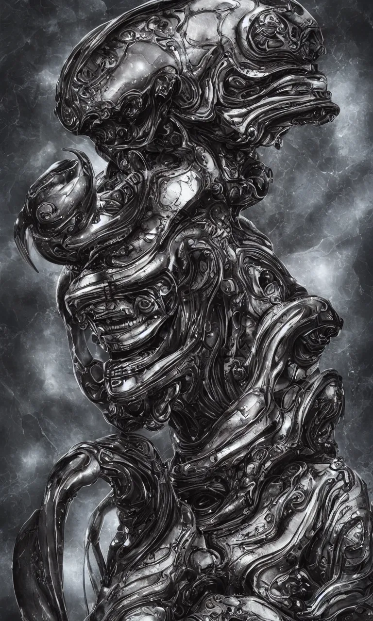 Image similar to engineer prometheus face by Artgerm, xenomorph alien, highly detailed, symmetrical long head, smooth marble surfaces, detailed ink illustration, raiden metal gear, cinematic smooth stone, deep aesthetic, concept art, post process, 4k, carved marble texture and silk cloth, latex skin, highly ornate intricate details, prometheus, evil, moody lighting, hr geiger, hayao miyazaki, indsutrial Steampunk