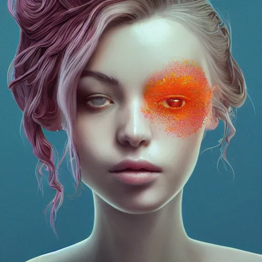 Image similar to the face of an incredibly gorgeous and elegant young woman dressed as garlic looking up, an ultrafine detailed illustration by james jean, intricate linework, bright colors, final fantasy, behance contest winner, vanitas, angular, altermodern, unreal engine 5 highly rendered, global illumination, radiant light, detailed and intricate environment