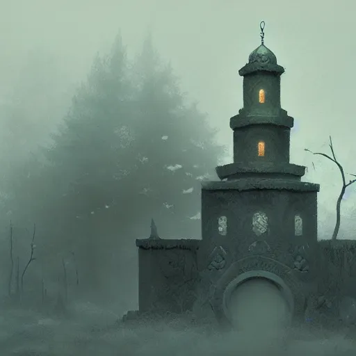 Prompt: abandoned Islamic temple in the woods, dark, moody, foggy by Ian McQue and Andreas Rocha