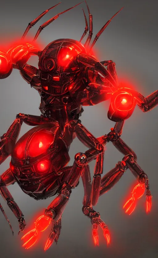 Image similar to a robot humanoid spider with 4 arms with claws, glowing red eyes, in a black carbon and red fiber armor, smiling creepily, dynamic lighting, photorealistic fantasy concept art, trending on art station, stunning visuals, creative, cinematic, ultra detailed