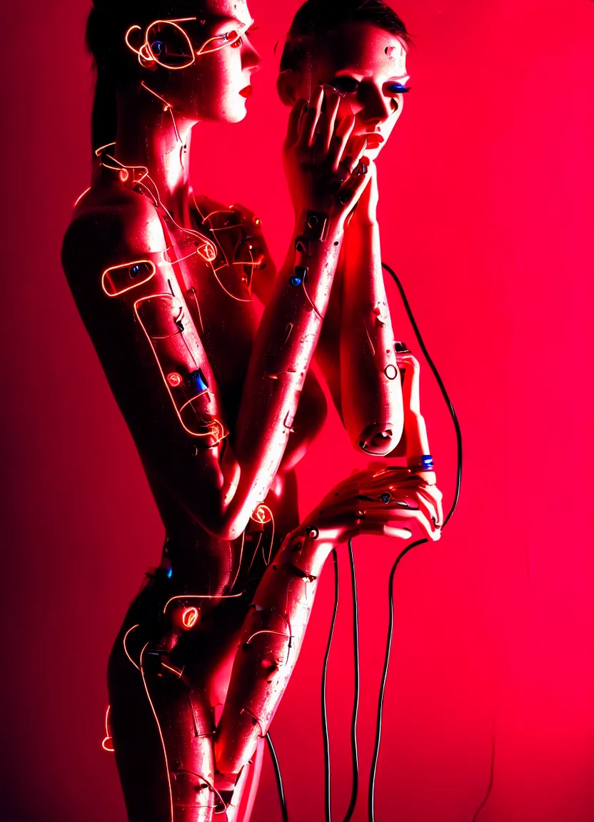 Image similar to woman, android, cyberpunk, artificial limbs, circuit, wires, mechanisms, tattoos, neon light, hard light, glamour, vogue photoshoot, fashion, long dress, red dress, raindrops, rain, wet, make - up, leaky make - up, red lipstick