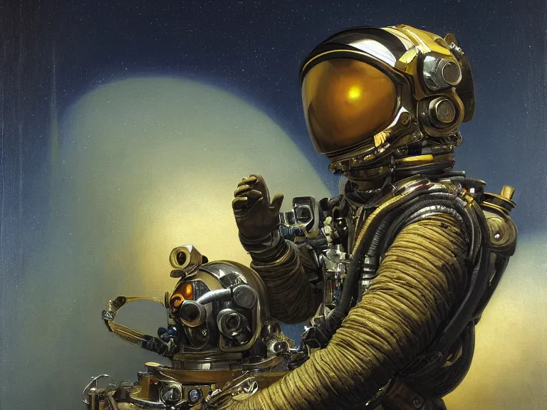 Image similar to a detailed profile oil painting of pilot in a spacesuit with reflective visor, flight suit, portrait symmetrical and science fiction theme with aurora lighting by beksinski carl spitzweg and tuomas korpi. baroque elements, full-length view. baroque element. intricate artwork by caravaggio. Trending on artstation. 8k