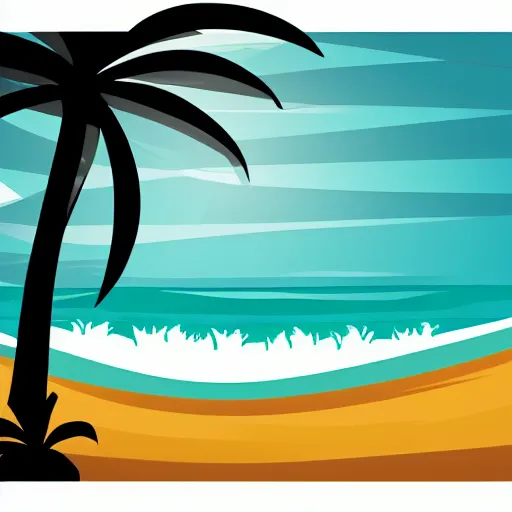 Image similar to waves in bottom front of a palm tree in front of a giant stylized volleyball vector logo, professional sports style, flat colour, svg, professional, sharp edges