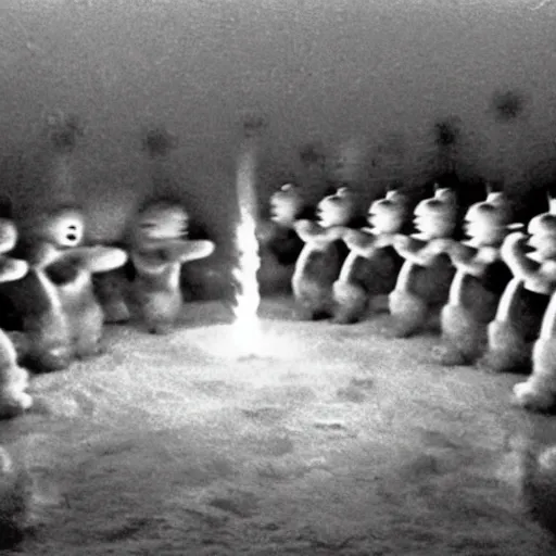 Image similar to A grainy surveillance photo of a cult of Teletubbies sacrificing a brine shrimp to Odin, the Norse god.