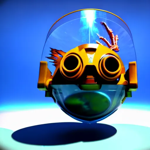 Image similar to a fish bowl mecha with arms, we can also see a fish inside of it, photorealistic 3 d render, unreal engine