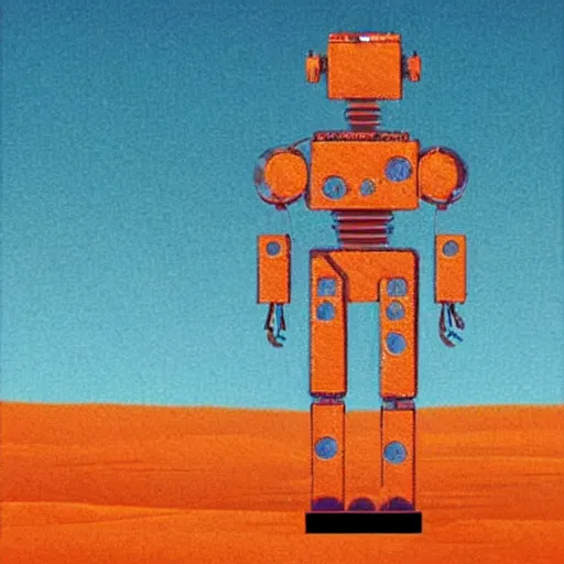 Image similar to “ a picture of a chrome robot walking through outer world desert, a retro sci - fi art by moebius, a path made of a circuit board, orange desert, bright clean blue sky, retro sci - fi adventures ”