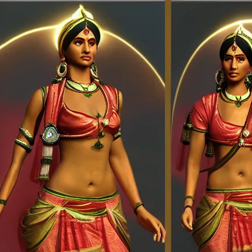 Prompt: a beautiful indian athletic slim female has a halo floating over her head like she was a holy person, the halo was made by a jeweler with gold with intricate details, unreal engine 5