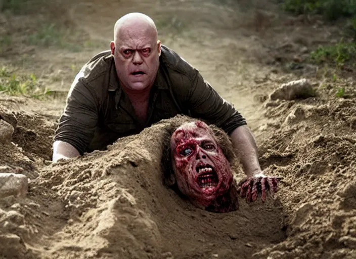 Prompt: zombie hank schrader emerging from a grave, movie still