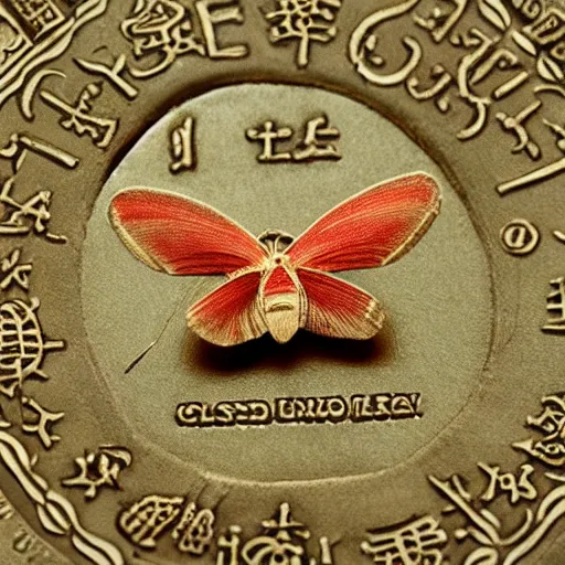 Image similar to red currency depicting a moth, extremely detailed, realistic,