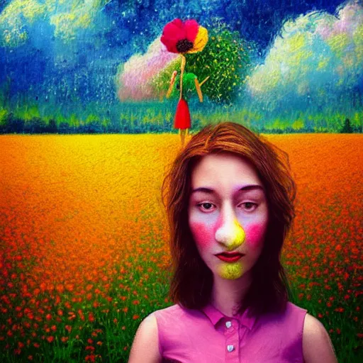 Image similar to girl with a huge flower as a face, surreal photography, dream, standing in flower field, hills, big trees, sunrise dramatic light, impressionist painting, colorful clouds, digital painting, pointillism, artstation, simon stalenhag, flower face