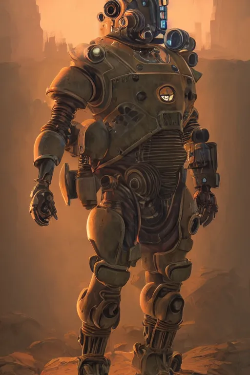 Image similar to hardmesh retro futurist steampunk fallout 7 6 power armor, hyper realistic, art cover, official fanart behance hd artstation by jesper ejsing, by rhads, makoto shinkai, unreal engine, radiating a glowing aura global illumination ray tracing hdr