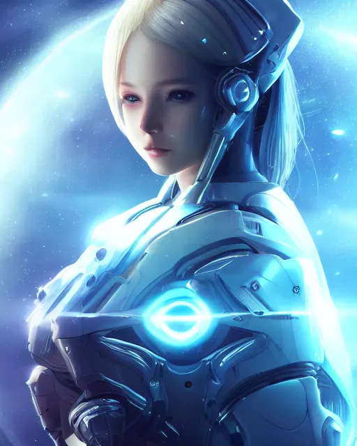 Prompt: photo of a android girl on a mothership, warframe armor, beautiful face, scifi, nebula, futuristic background, galaxy, raytracing, dreamy, reflections, atmosphere, sparks of light, pure, white hair, blue cyborg eyes, glow, insanely detailed, intricate, innocent, art by akihiko yoshida, antilous chao, voidstar
