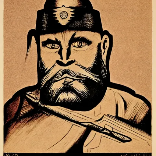 Image similar to bearded male warrior, art by Shepard Fairey and Maurice Sendak