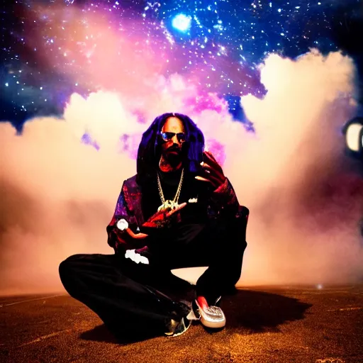 Prompt: a dramatic photograph of snoop dog smoking a joint in an infinite universe while crossing the mystical portal to the beyond, ground haze, dramatic lighting, filmic, cinematographic, sci - fi