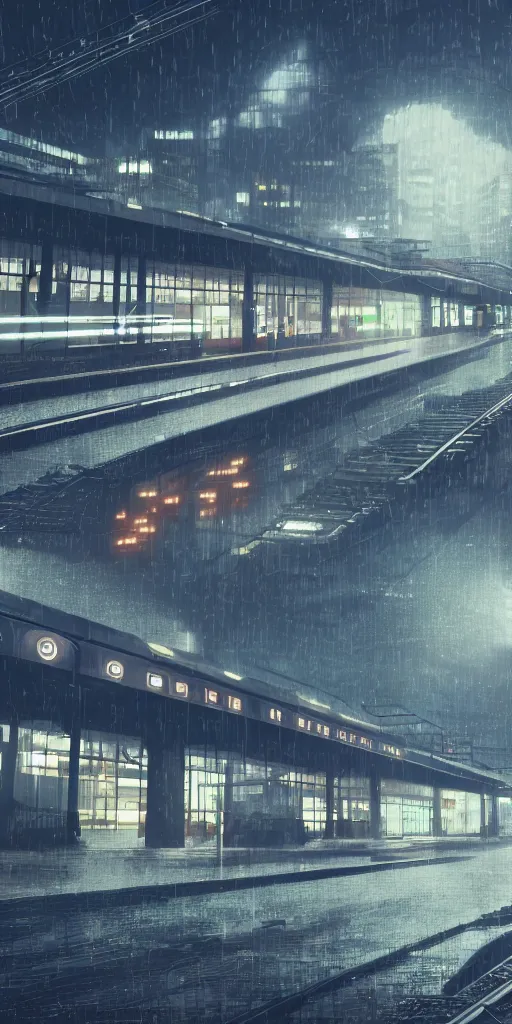 Image similar to !Train station!, equirectangular projection grid of a futuristic bladerunner, trains, cyberpunk, train station in the rain at night, volumetric lighting, 4K, Spherical, Panorama, RealityEngine, PhotoRender, hyperdetailed, cinematic