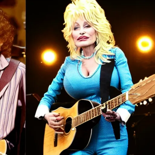 Image similar to Photo of Dolly Parton jamming with Bob Dylan