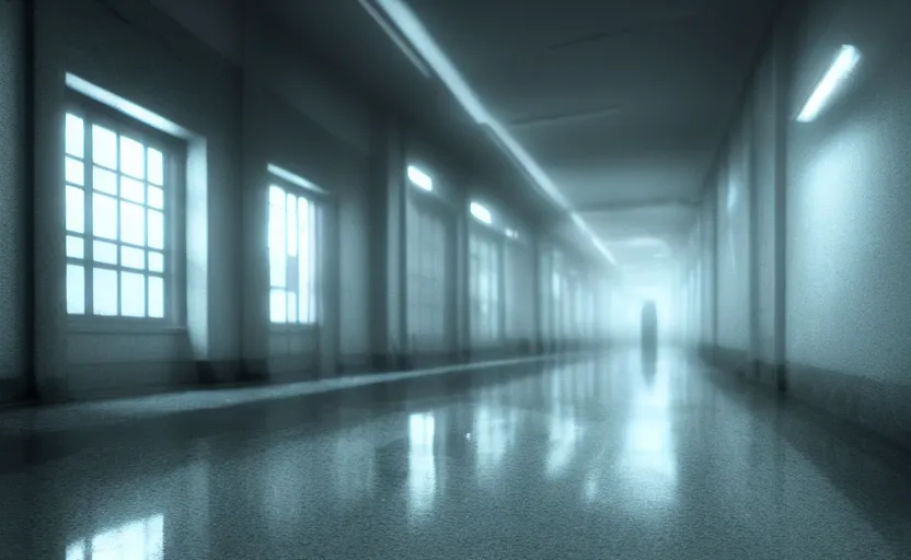 Prompt: hspital hallway, gloomy and foggy atmosphere, octane render, artstation trending, horror scene, highly detailded