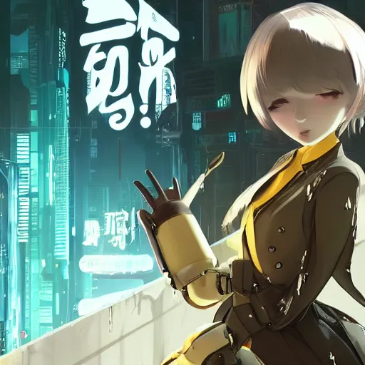 Image similar to luxury advertisement, white and yellow colors. highly detailed post-cyberpunk sci-fi close-up schoolirl in asian city in style of cytus and deemo, mysterious vibes, by Ilya Kuvshinov, by Greg Tocchini, nier:automata, set in half-life 2, beautiful with eerie vibes, very inspirational, very stylish, surrealistic, perfect digital art, mystical journey in strange world, bastion game