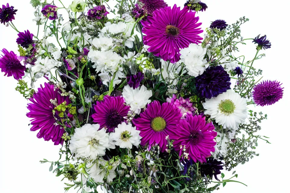 Prompt: a bouquet of alien flowers on a white background