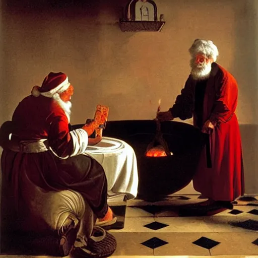 Prompt: Father Christmas pouring gasoline over a Christmas tree Painted by Caravaggio