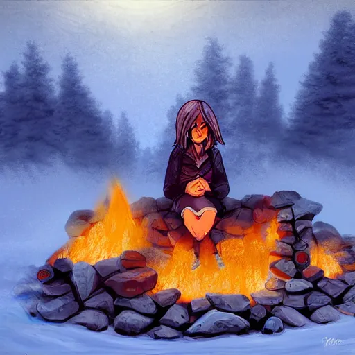 Image similar to Ymir sitting at a fire camp in Jötunheimr. Digital art.