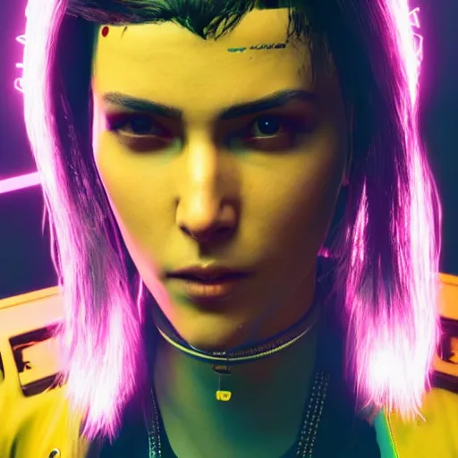 Prompt: female V from Cyberpunk 2077 wearing spiked choker, collar, choker, punk, collar, 4K, realistic, spiked collar, portrait, art, beautiful,