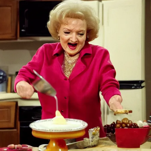 Image similar to betty white in golden girs ( tv ) eating cheesecake in the kitchen with her friends.