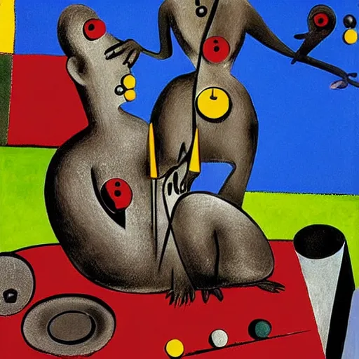 Image similar to by joan miro, by tony northrup in greece insane. a beautiful sculpture of a group of monkeys playing backgammon. the monkeys are seated around a table, with some of them appearing to be deep in concentration while others appear to be playing more casually.