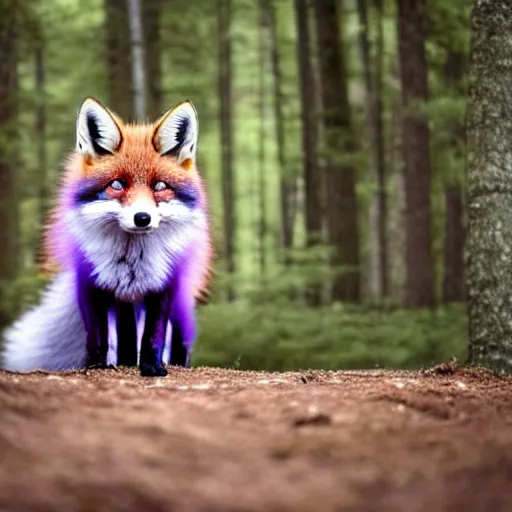 Image similar to a purple fox with a long fluffy and shiny coat sits in the forest on a ufo flying saucer. super realistic photo. clear details