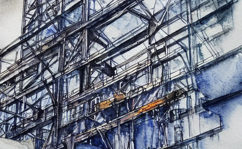 Image similar to Industrial complex Watercolor, highly detailded