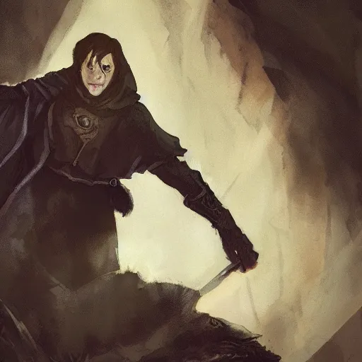 Image similar to portrait of small pale cowardly man wearing dark cloak, rogue, fear, fantasy artwork, dnd, looking sideways, high fantasy