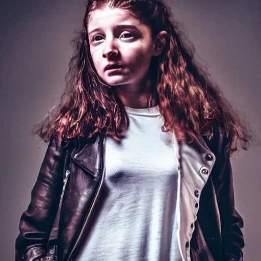 Image similar to thomasin mckenzie as biker girl playing chess natural light