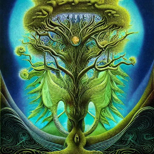 Image similar to sacred mulberry tree by roger dean and andrew ferez, art forms of nature by ernst haeckel, divine chaos engine, tree of life, symbolist, visionary, art nouveau, botanical fractal structures, lightning, surreality, lichtenberg figure