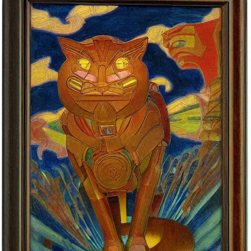 Image similar to ornate robot cat, by annie swynnerton and diego rivera and nicholas roerich and jean delville, symbolist, dramatic lighting, god rays, art brut, rich colors, smooth, sharp focus, extremely detailed, adolf wolfli, by janet fish