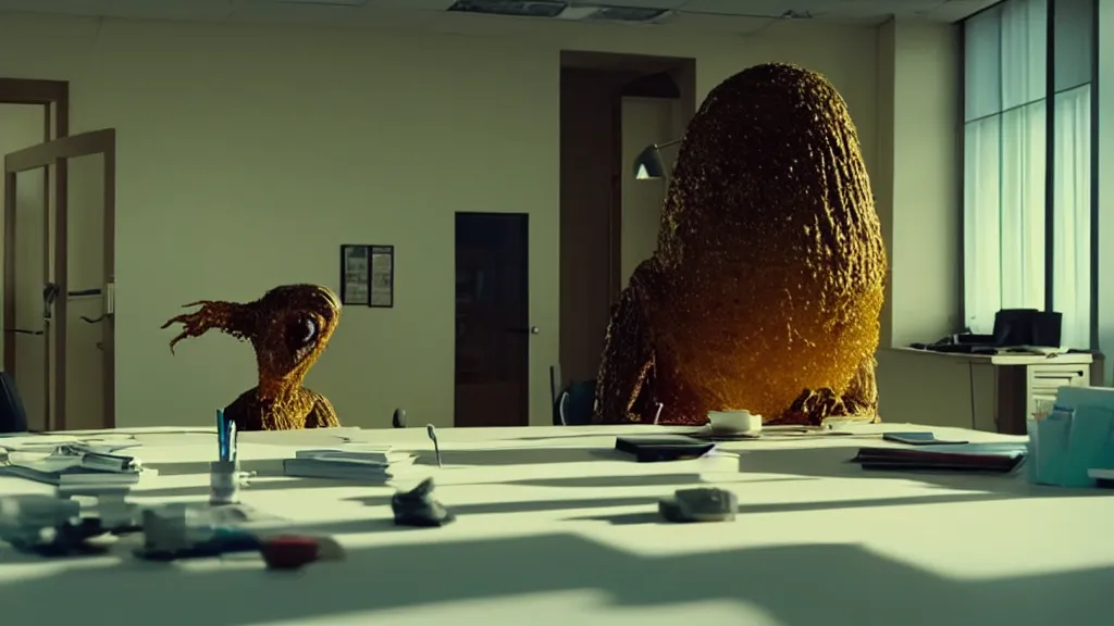 Prompt: the strange creature at the office that hates me, made of oil and water, film still from the movie directed by Denis Villeneuve with art direction by Salvador Dalí, golden hour