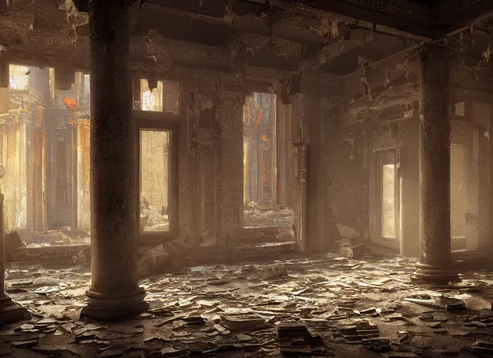 Prompt: a detailed matte painting of a temple interior, broken windows, walls peeling, broken tiles, broken windows, digital art, immaculate scale, trending on artstation