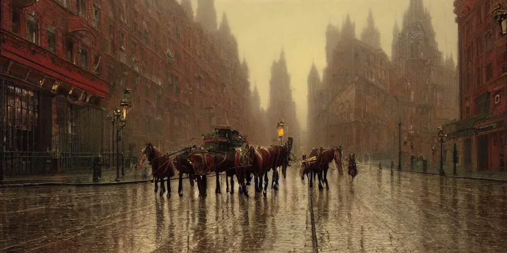 Image similar to Horse carriages on a Victorian city street on a rainy day in London, evening, low angle view, detailed matte painting, cinematic, John Atkinson Grimshaw, Artstation