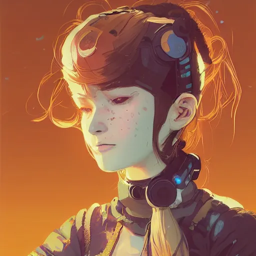 Image similar to Highly detailed portrait of a cyberpunk young lady with, freckles and wavy hair by Atey Ghailan, by Loish, by Bryan Lee O'Malley, by Cliff Chiang, by Greg Rutkowski, inspired by image comics, inspired by graphic novel cover art, inspired by nier!! Gradient color scheme ((grafitti tag brick wall background)), trending on artstation